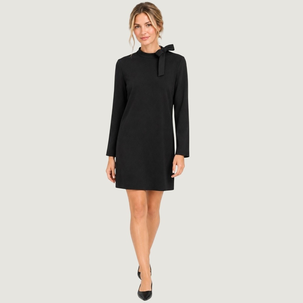 NWT Calvin Klein Black Long Sleeve Tie Neck Shift Dress 14 LBD Career Cocktail